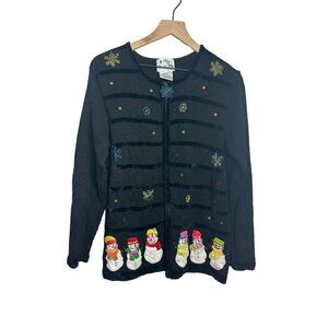 Quacker Factory Snowman Cardigan Zip ugly Sweater Beaded‎ Sequins Womens Sz M
